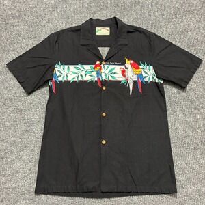 Paradise Found Hawaiian Button Up Shirt Mens Black Parrot Panel Chest Size 40"